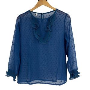 Womens Meiling Fashion Sheer Blue Top ruffle Size Large Dot Minky 0721